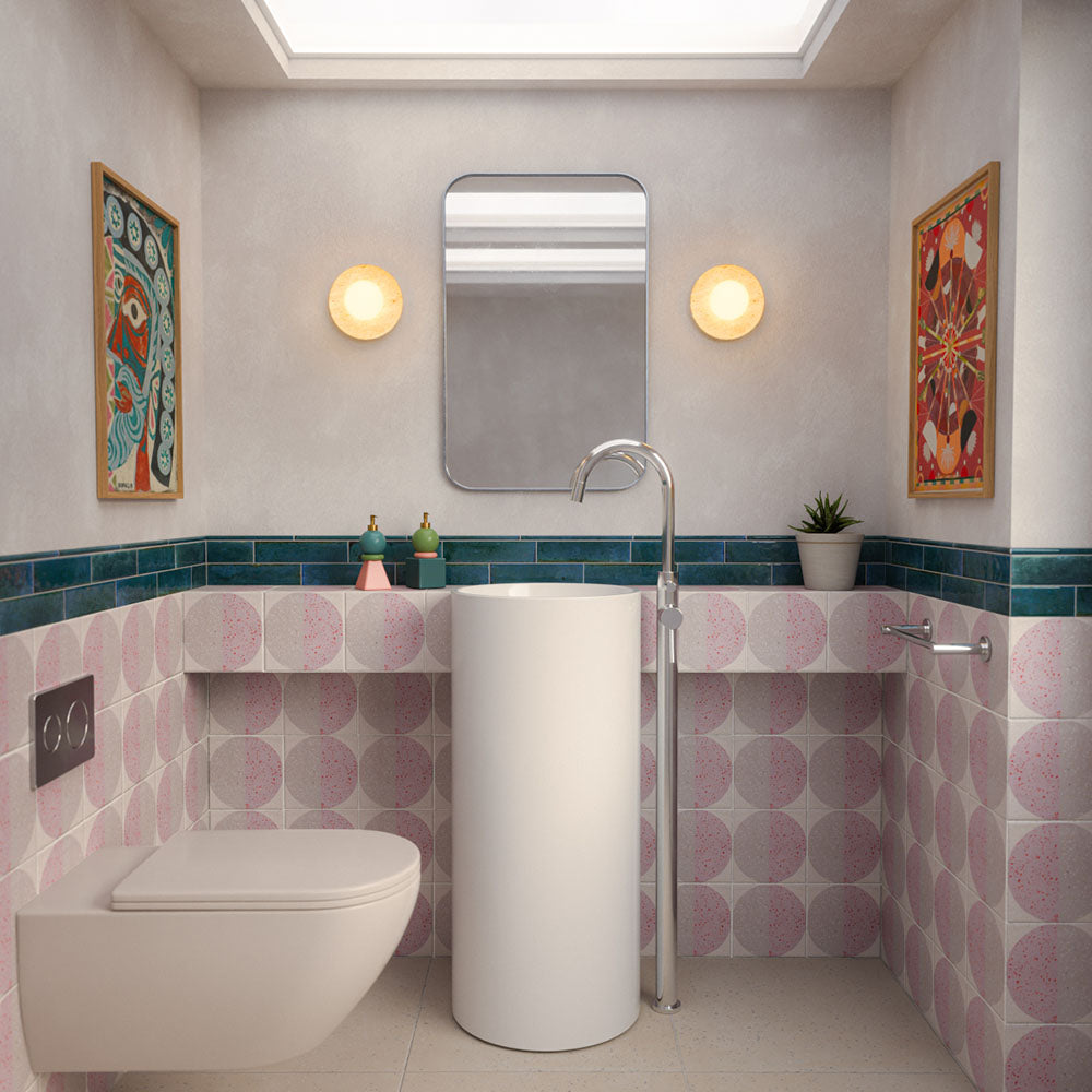Bathroom featuring Kasuf Rose Terrazzo Style Decor Tiles 20cm x 20cm, paired with Allegra Blue gloss brick border tiles, a freestanding basin, terrazzo effect floor tiles and contemporary minimalist fittings.