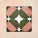 Group image showing four Geometry Moon 20x20cm geometric patterned tiles arranged to form a circular motif, featuring green and terracotta semicircles with black and cream corner details, photographed against a soft peach-toned background.