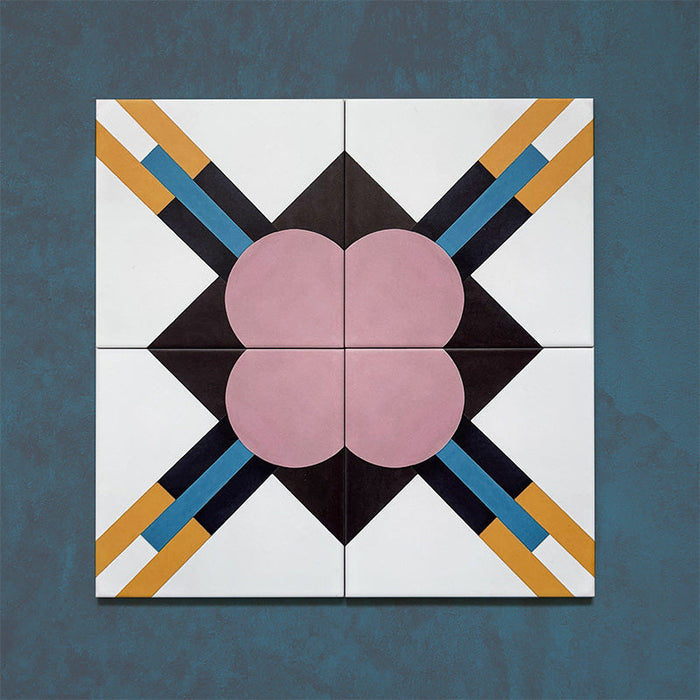 Four-tile layout of the Geometry Contour 20x20cm patterned tile, featuring intersecting mustard, teal, and navy lines forming a central diamond motif, with soft pink quarter circles in each corner against a white and deep charcoal background.