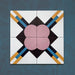 Four-tile layout of the Geometry Contour 20x20cm patterned tile, featuring intersecting mustard, teal, and navy lines forming a central diamond motif, with soft pink quarter circles in each corner against a white and deep charcoal background.