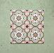 Cabana Paradise 20x20cm Moroccan-style ceramic tiles shown as a four-tile display, featuring a pink, green, and mustard floral pattern on a soft green background.