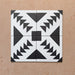 Composición de cuatro azulejos de estilo marroquí Alhambra Alkazar 20x20 cm con motivos triangulares negros sobre fondo blanco definido, formando un impactante patrón geométrico en rombo sobre superficie terracota.