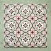 Cabana Paradise 20x20cm Moroccan-style ceramic tiles shown in a grouped layout, featuring a pink, green, and mustard floral pattern on a soft green background.