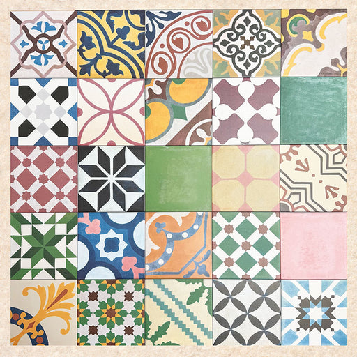 Baldosas porcelánicas Fihrdos Patchwork 20x20 cm de estilo marroquí mostradas como selección completa, destacando una combinación de diseños geométricos y motivos decorativos tradicionales en múltiples colores.