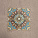 Cuatro baldosas Europa Hanover 20 × 20 cm de estilo Victoriano Marroquí colocadas juntas para mostrar el patrón decorativo repetitivo en tonos azul, terracota, mostaza y crema, sobre un fondo beige texturizado.