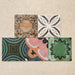 Conjunto de baldosas cerámicas Cabana Patchwork de estilo marroquí 20x20 cm en disposición agrupada, mostrando una combinación multicolor de diseños geométricos y florales en composición patchwork de inspiración vintage.
