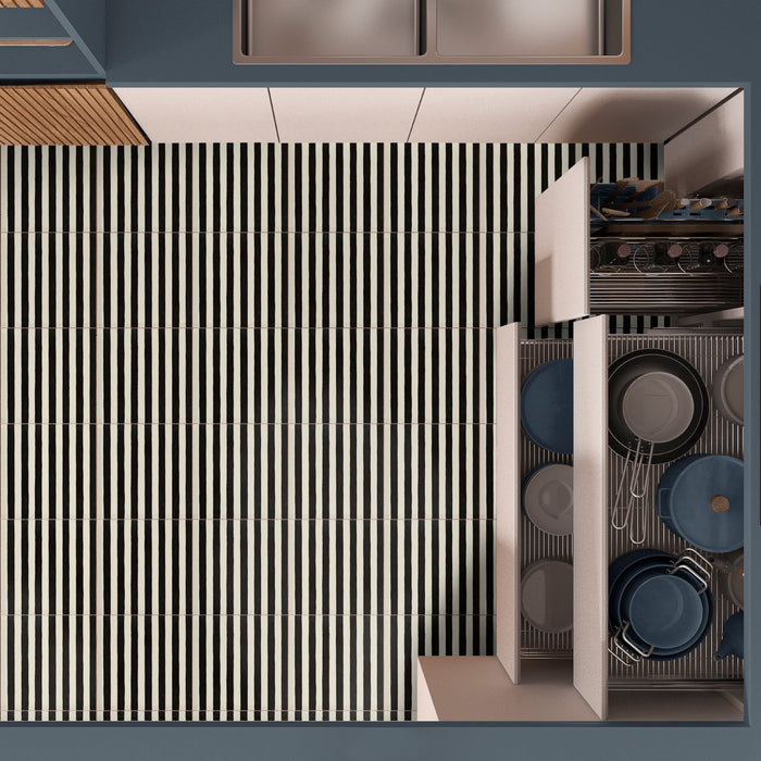 Baldosa negra Skinny Stripes | Baldosas para interior y exterior | muestra de baldosa completa 20 cm x 20 cm