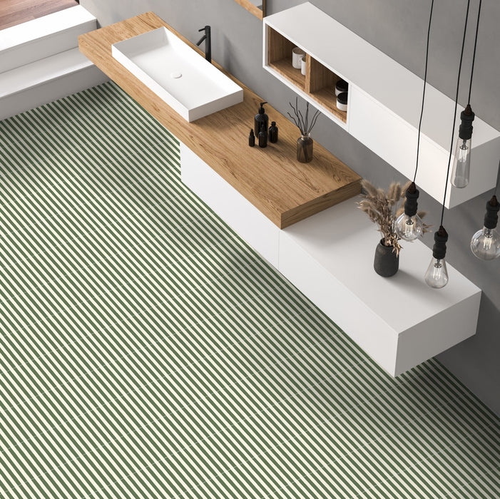 Skinny Stripes Tile verde | Azulejos para interior y exterior | muestra de baldosa completa de 20cm x 20cm