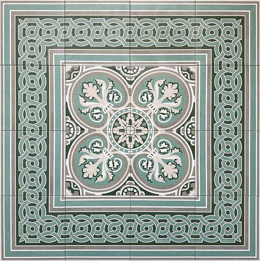 Decorative floor layout featuring Europa Toulouse Corner 20x20cm Victorian Moroccan style tiles installed with coordinating border tiles, forming an ornate framed pattern in green, grey and cream tones surrounding the central tile design.