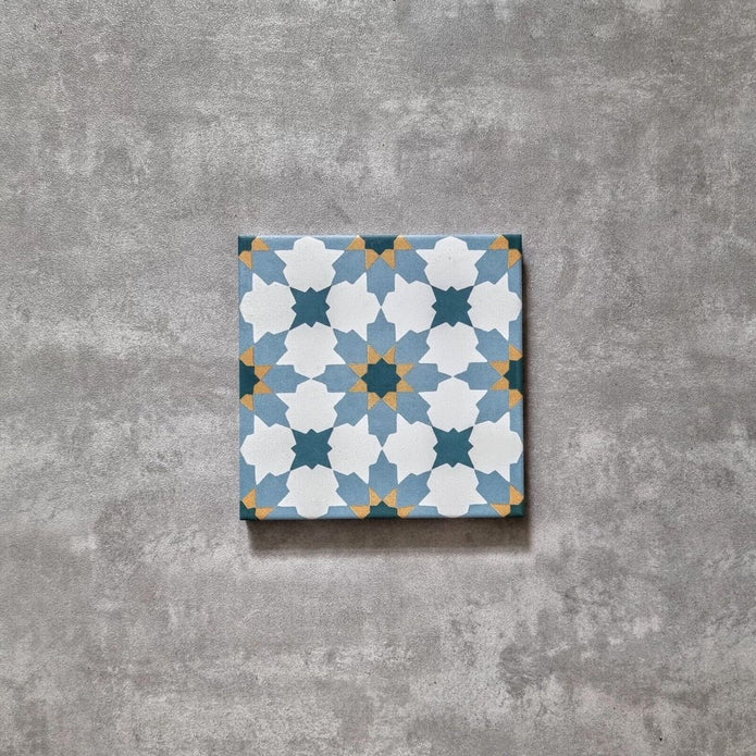 Azulejo Mamounia Anza | Azul y Amarillo | Azulejos marroquíes | Azulejos para paredes y pisos | 20cm x 20cm