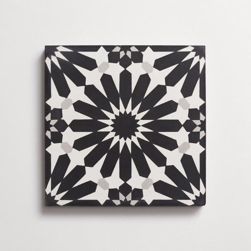 Fizaan Federal Black & White Moroccan Indoor Outdoor Wall Floor Tiles 20cm x 20cm FULL TILE SAMPLE