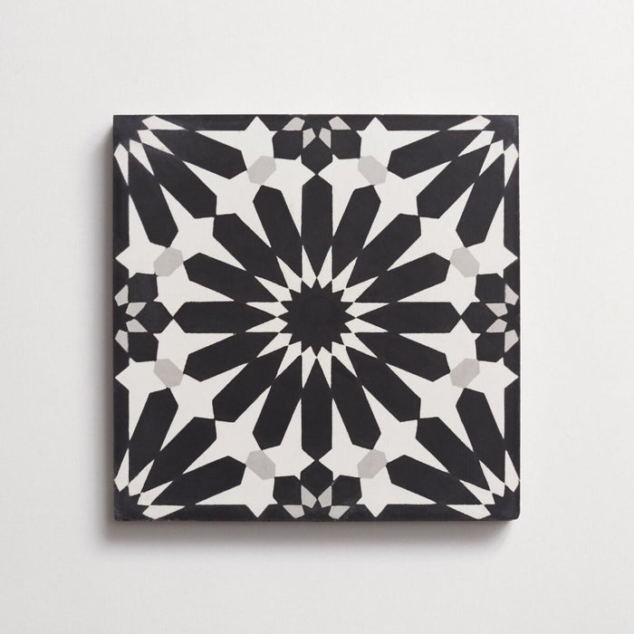 Fizaan Federal Black & White Moroccan Indoor Outdoor Wall Floor Tiles 20cm x 20cm FULL TILE SAMPLE