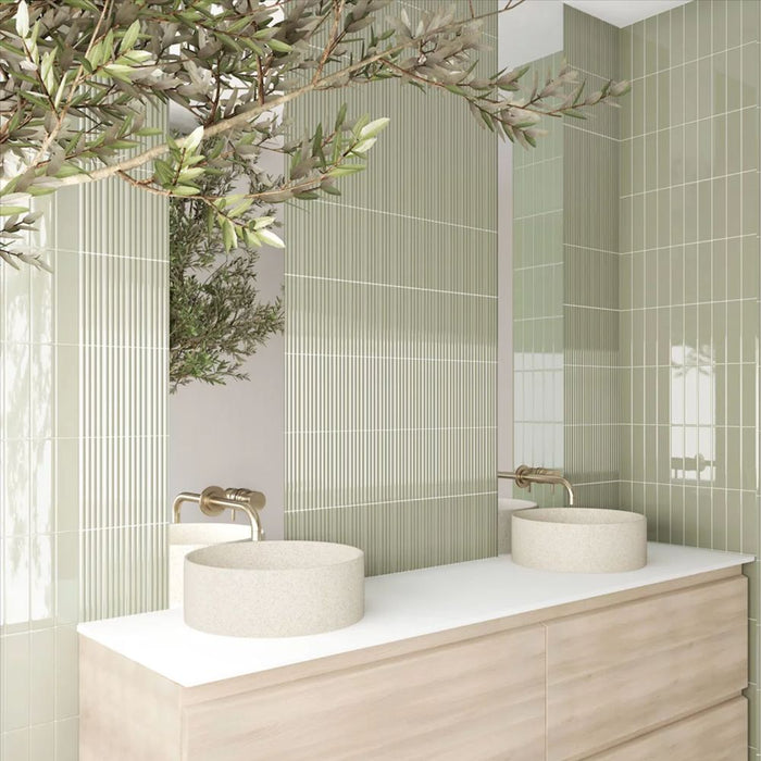 Gallery 3D Fluted DECOR Tile Tansy Green Gloss 5cm x 20cm