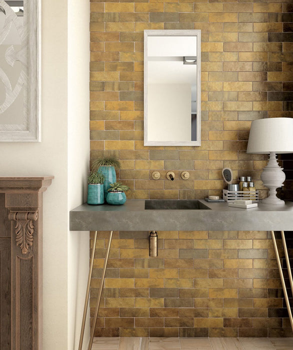 Zellij Brick Tile | Brillo de oro | Minezo marroquí | 6.5 cm x 20 cm