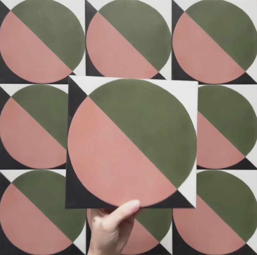 Geometry Moon 20x20cm geometric patterned tile with green and terracotta semicircles and black and cream corner details