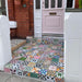 Customer doorstep featuring Fihrdos Mini Patchwork Moroccan-style 15x15cm patterned porcelain floor tiles, creating a colourful mosaic-style entrance with mixed geometric designs.