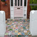 Customer doorstep featuring Fihrdos Mini Patchwork Moroccan-style 15x15cm patterned porcelain floor tiles, creating a colourful mosaic-style entrance with mixed geometric designs.